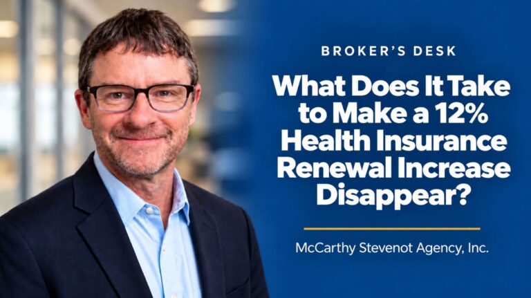 Ted Stevenot featured in a Broker’s Desk graphic about reducing a 12% small-business health insurance renewal increase